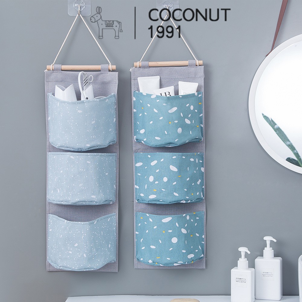 Túi treo tường 3 ngăn vải chống thấm phong cách Nhật Bản, có kèm thanh gỗ