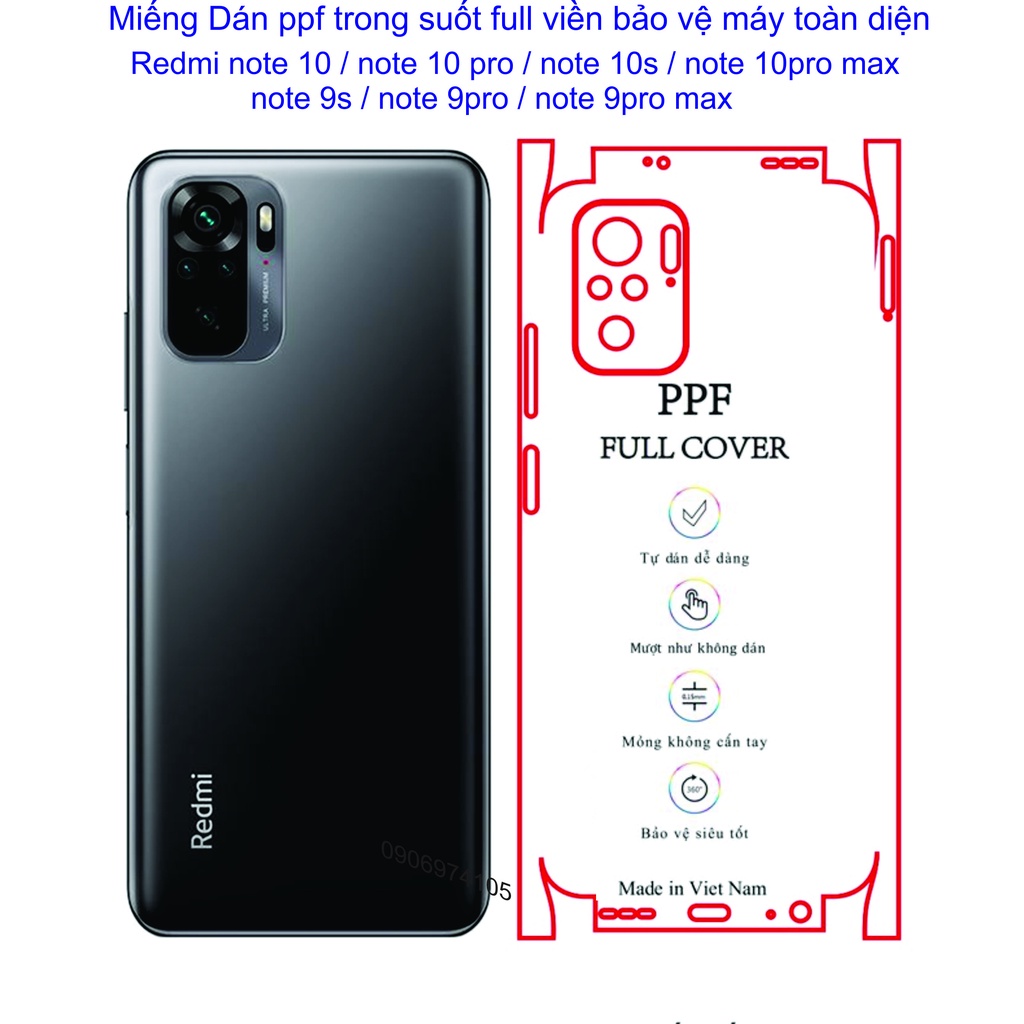 Miếng Dán PPF Full viền Redmi note 10 / note 10 pro / note 10s / note 10pro max / note 9s / note 9pro / note 9pro max...
