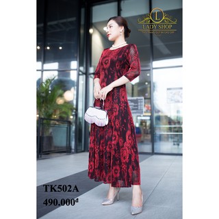 Thời trang trung niên -  Đầm quý bà cao cấp - Ladyshop - Đầm maxi ren nhũ hoa hồng vàng TK502