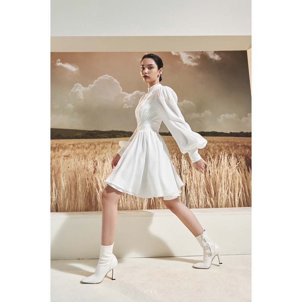 Đầm xòe ngắn tay dài phồng, cổ nhún bèo kín đáo MADELYNN MIDI DRESS | NYA STUDIO