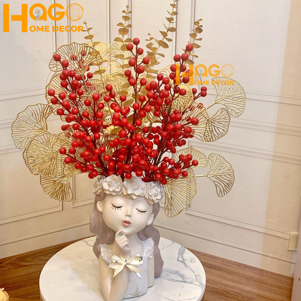 Bình Hoa Cô Gái Thiên Thần Cắm Sẵn Hoa Đào Đông Đỏ Cao 55cm May Mắn Tài Lộc Trang Trí Nhà Cửa, Tết, Văn Phòng, Công Ty