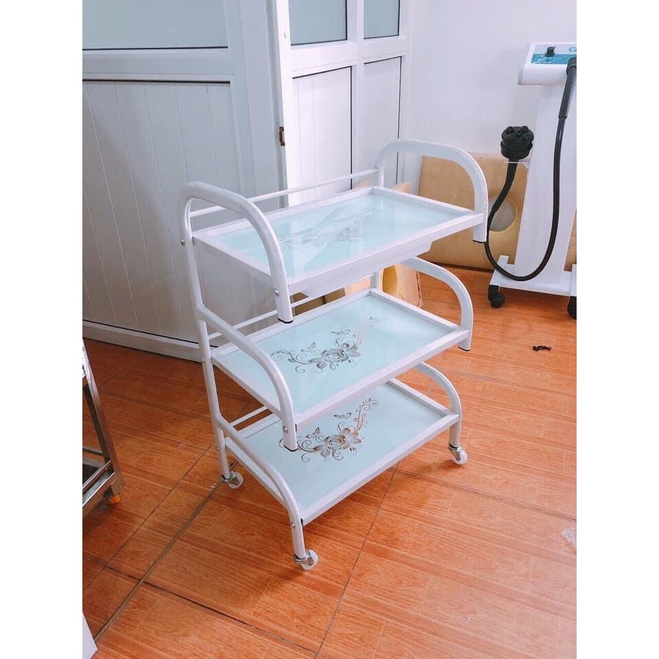 [ Xe đẩy ] Spa 3 tầng mặt kính hoa văn có khay Dùng Cho Quán Tóc Spa Tmv