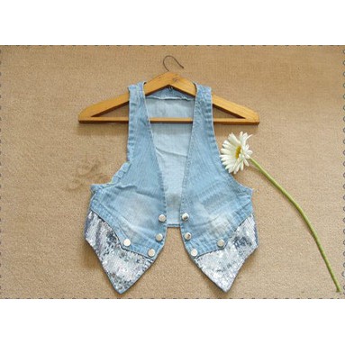 Áo Khoác Denim Không Tay Cổ Vest Thời Trang Cho Nữ