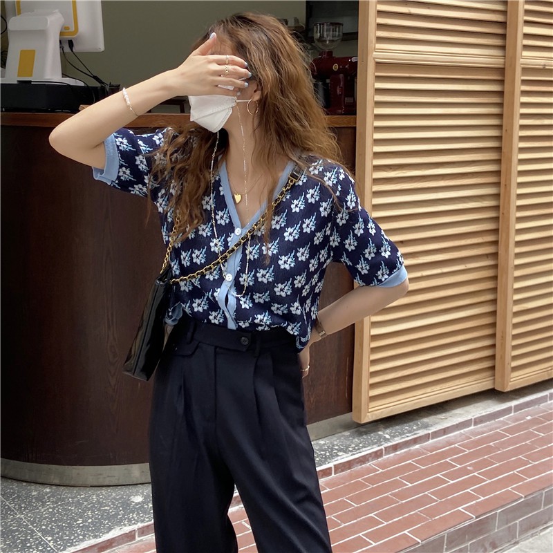 Áo Khoác Cardigan Tay Ngắn Cổ Chữ V Họa Tiết Hoa Phong Cách Vintage