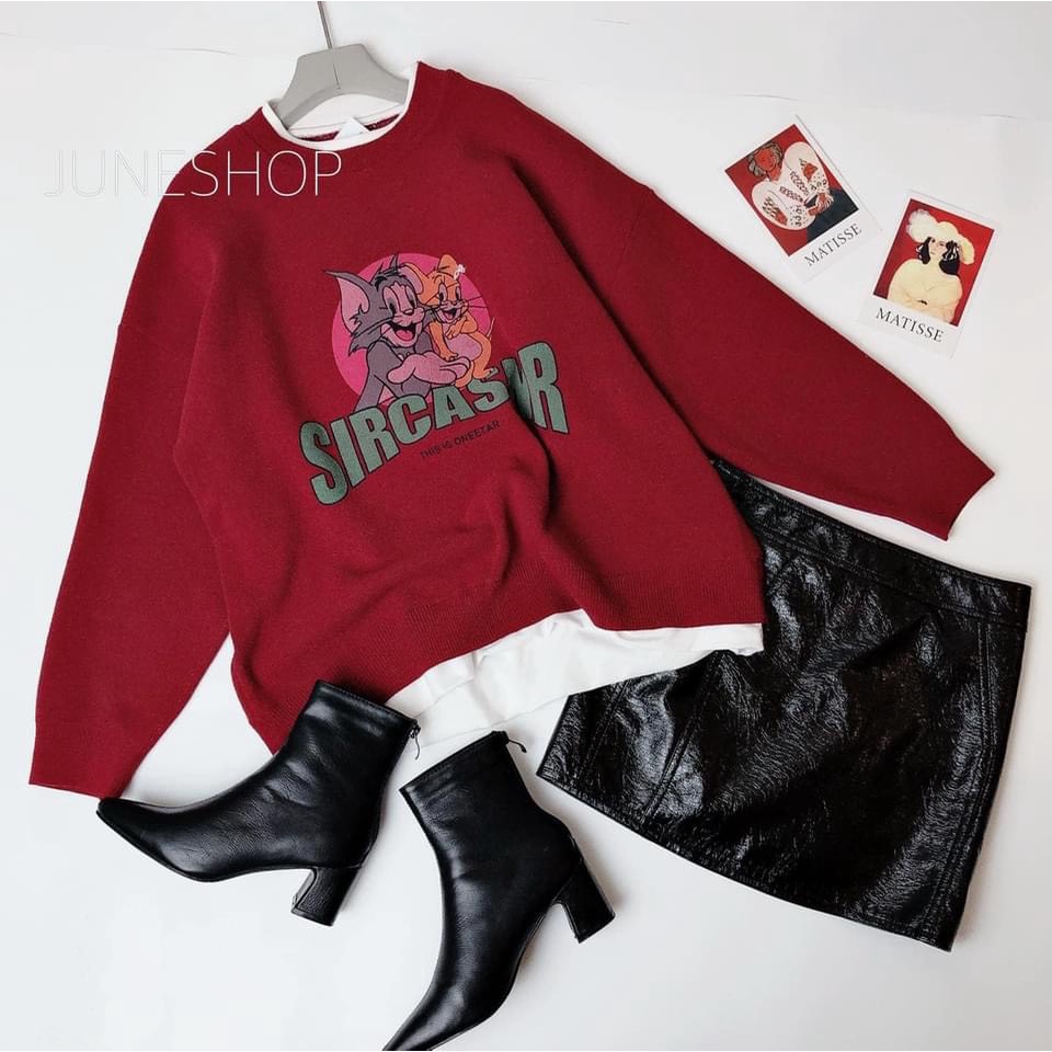 Áo nỉ CHUỘT ĐỎ phối trắng - áo đỏ mix với quần bò rách hay legginh xinh lm ạ- quần váy hay chân váy đều hịn 😍😍 mặc đẹp