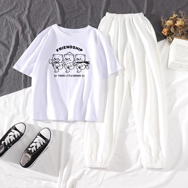 Sét Áo Gấu nhảy + quần bom chun, Áo thun from rộng, Chất đẹp không xù, quần suông ống rộng, Sét bộ mặc ở nhà - MODY