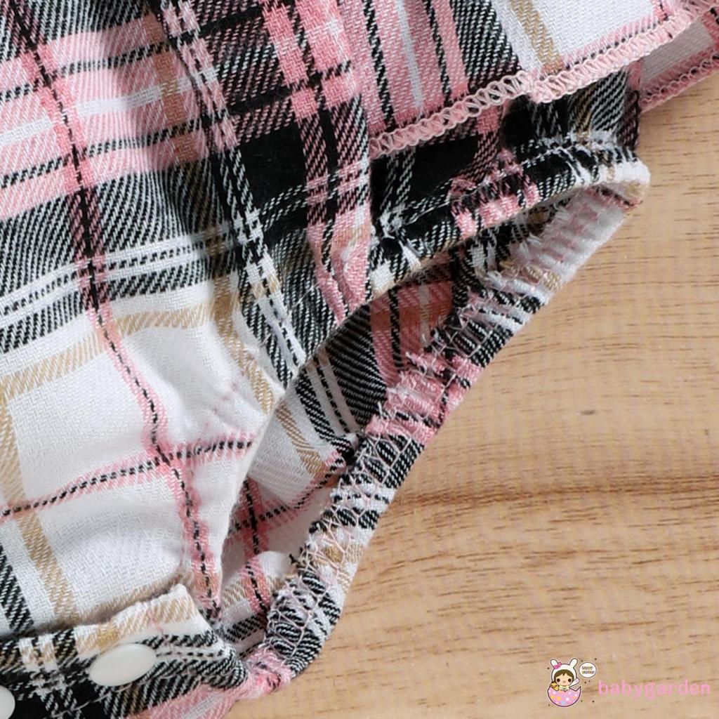 Bộ Áo Liền Quần Tay Dài Phối Bèo Kẻ Sọc Caro Đính Nơ + Băng Đô Cài Tóc Xinh Xắn Cho Bé Gái 0-18 Tháng Tuổi