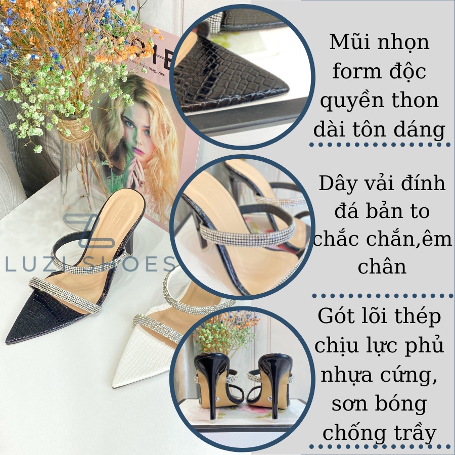 Guốc,dép cao gót nữ LUZI 2 dây đính đá mũi nhọn gót nhọn cao 9p, giày cao gót nữ quai ngang kiểu dáng sang trọng