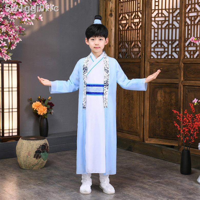 Biểu diễn Hanfu mới của trẻ em Fushutong Đồng phục học sinh Trung Quốc cho nam và các cô gái, quần áo ngâm thơ, si