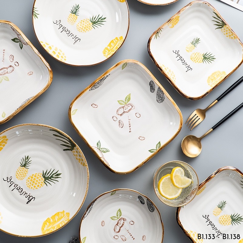 Bộ bát đĩa hình quả dứa , chén dĩa decor hình dứa Alifis