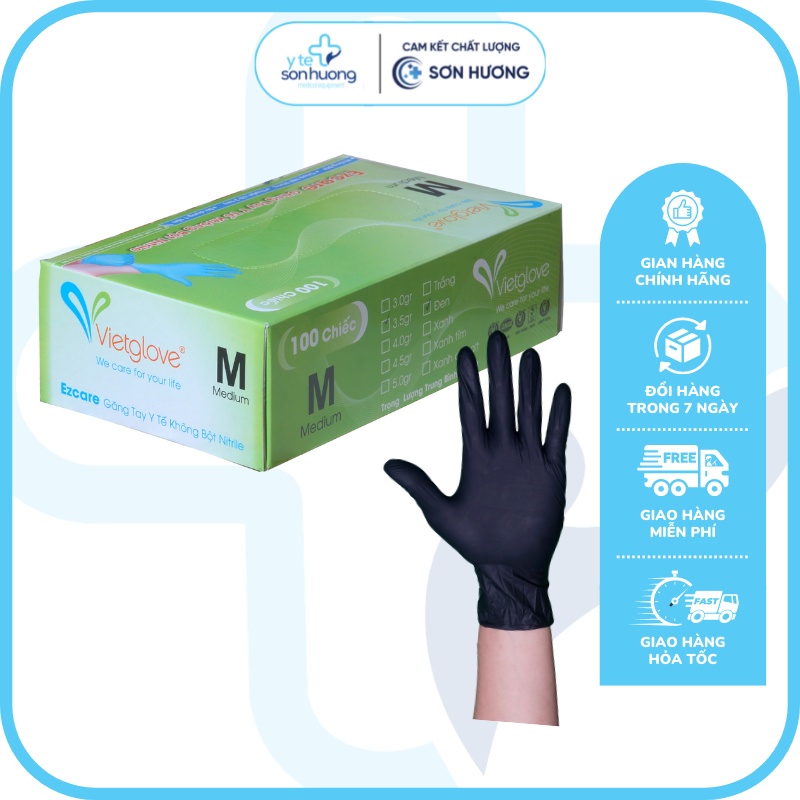 Găng tay cao su y tế đen Nitrile không bột VietGlove ứng dụng cho phun xăm, công nghiệp, y tế, thẩm mỹ hộp 100 chiếc
