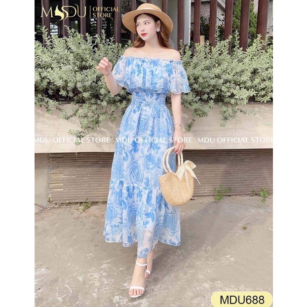 Đầm maxi voan hoa trễ vai nhún thun eo 3 màu