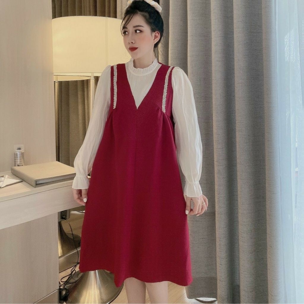 Đầm bầu thời trang thiết kế dài tay MB210 chất lụa hàn châu freesize từ 45 đến 70kg