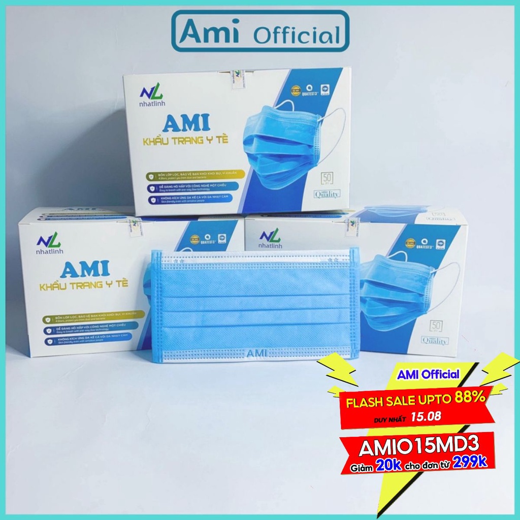 Hộp 50c khẩu trang y tế 4 lớp Ami màu Xanh