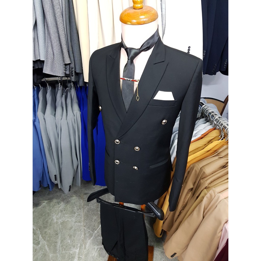 [Cực Chất] Bộ vest nam màu đen ôm body mẫu 6 nút tặng cà vạt + kẹp
