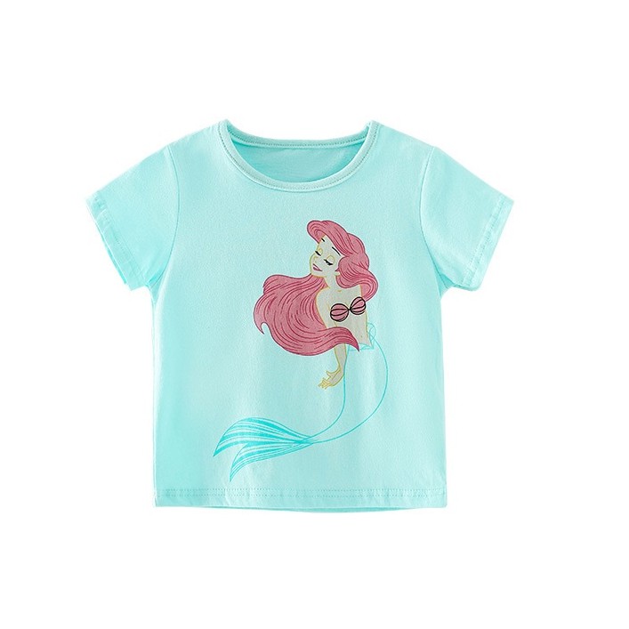 Áo thun Cotton cổ tròn tay ngắn in hình nàng tiên cá hoạt hình dành cho bé gái