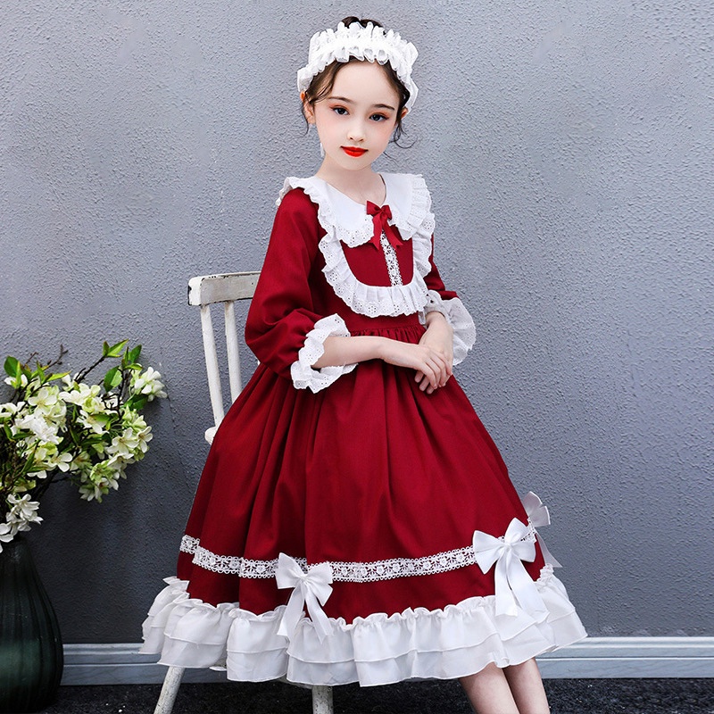 Đầm Công Chúa Dáng Dài Phối Lưới Kẻ Sọc Kiểu Lolita Dễ Thương Cho Bé Gái