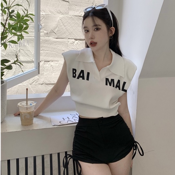 QKOOLE  Áo Croptop Dệt Kim Không Tay Dáng Rộng Phong Cách Hàn Quốc Dành Cho Nữ