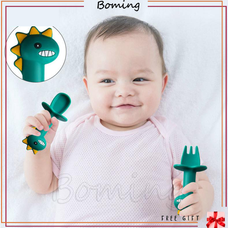 1 bộ Thìa Nĩa Silicone Cho Bé Bộ Thìa Hoạt Hình Thìa Mềm Thức Ăn Bổ Sung Bộ Đồ Ăn Đào Tạo