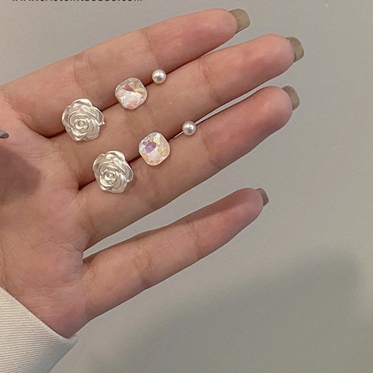 MOCHASHUSet 3 Đôi Bông Tai Hoa Hồng Đính Ngọc Trai Giả