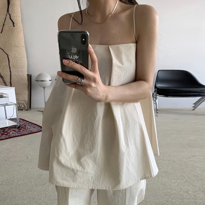 (ORDER) Áo hai dây cỏ vuông vải cotton thô thiết kếp xếp ly xòe rộng style retro vintage Hàn Quốc