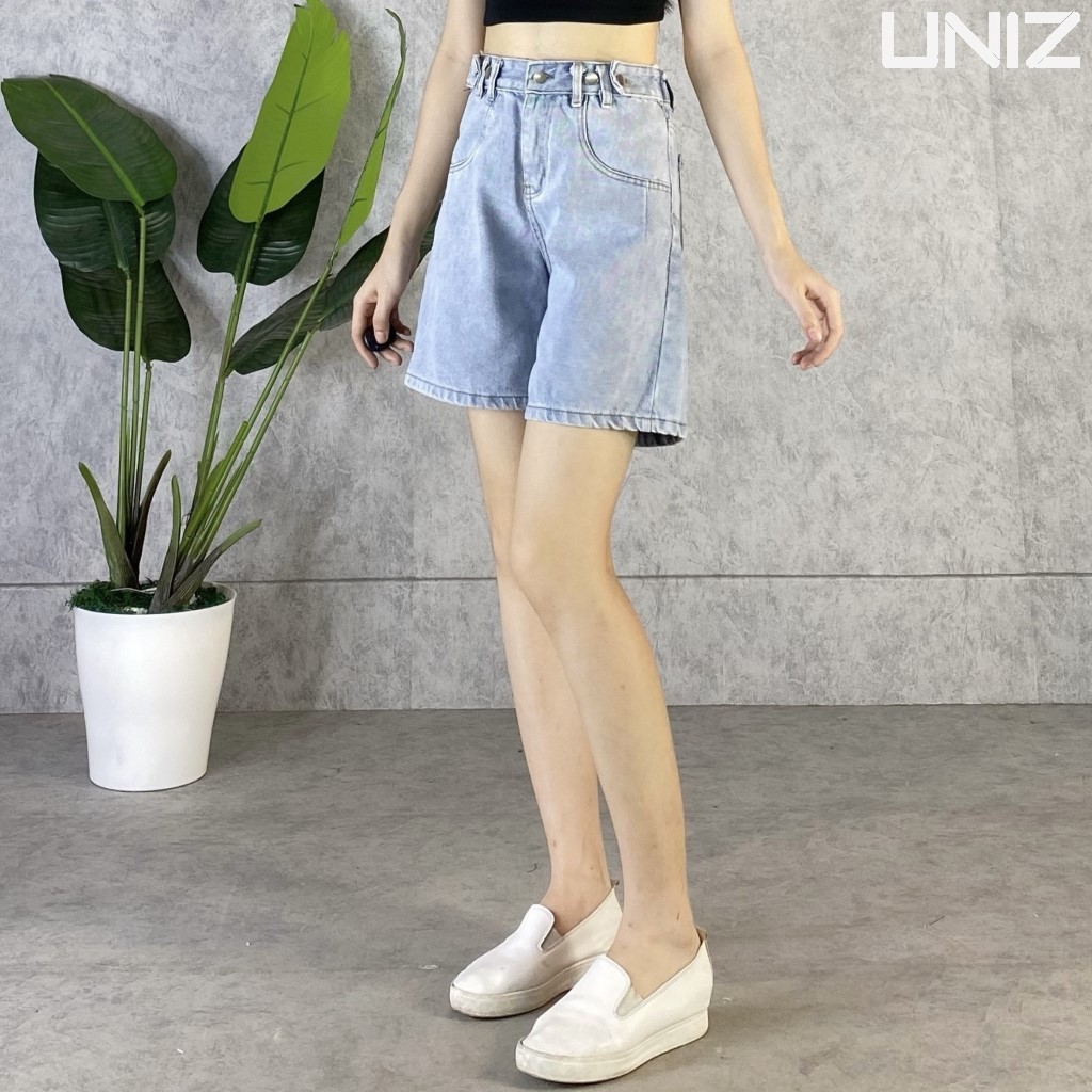 Quần Short Nữ 4 Khuy UNIZ (Màu Xanh), Dáng Lửng, Ulzzang, Cạp Cao, Form rộng, Vải Jean, Mềm Mại, Không Bai Màu