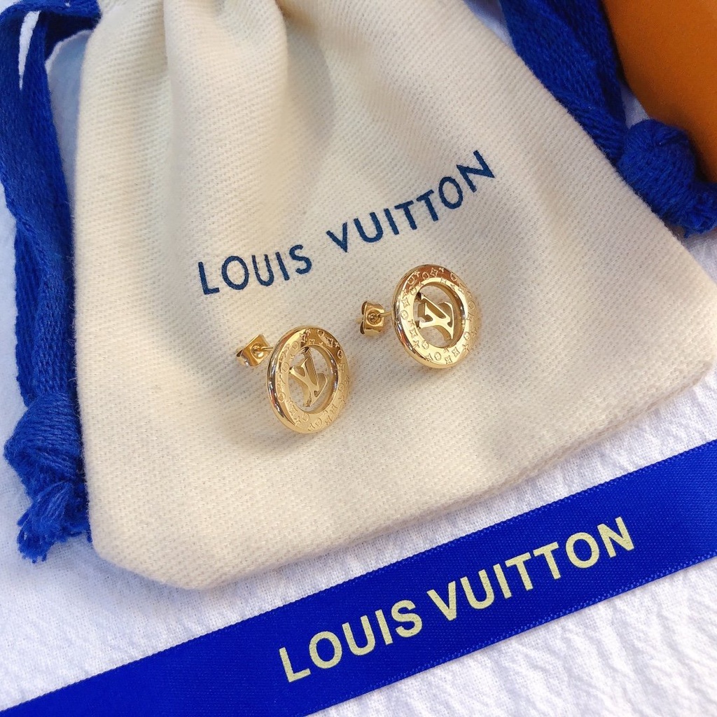 LOUIS VUITTON Khuyên Tai Tròn Bằng Thép Titan In Logo LV Thời Trang