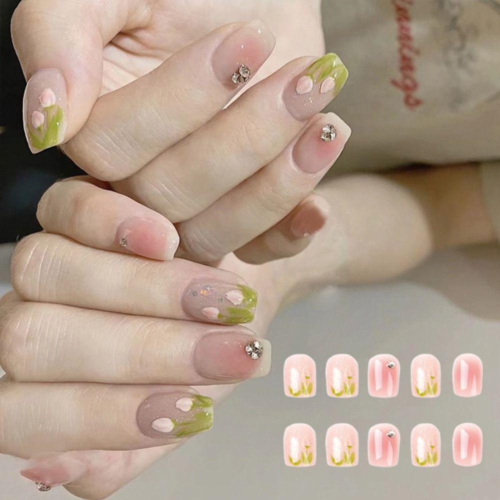 Bộ 24 Móng Tay Giả Che Phủ Toàn Diện Họa Tiết Hoa Xinh Xắn