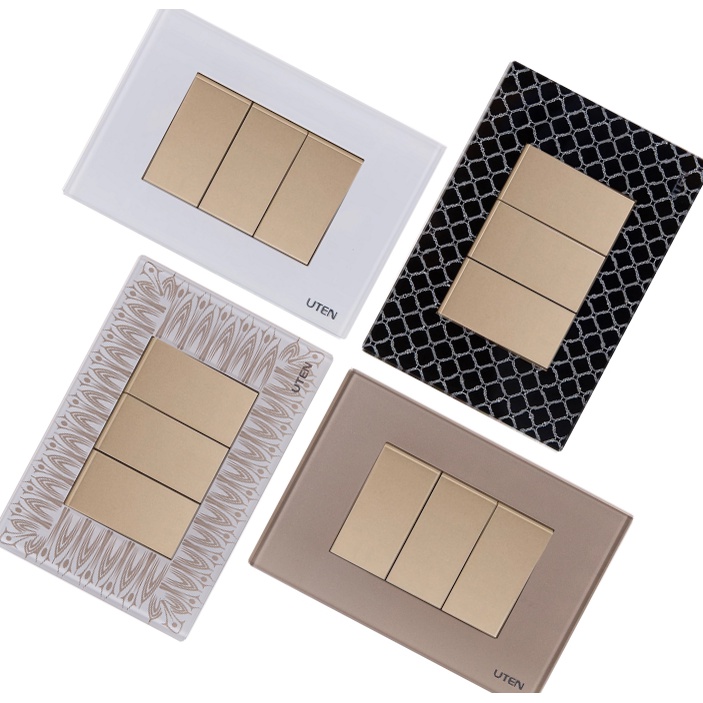 Công tắc ổ cắm Uten mặt chữ nhật Q120 mặt kính màu vàng gold, đen black, màu trắng white