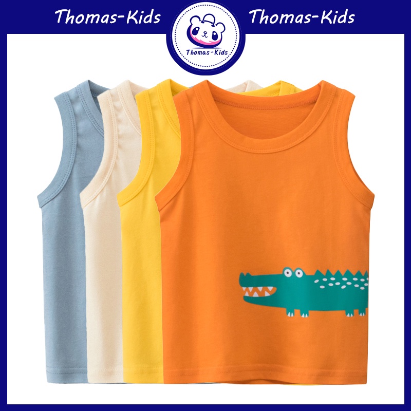[THOMAS KIDS] 1-9 Yrs Áo vest không tay cho bé Bông tinh khiết Thoải mái thấm hút mồ hôi Áo phông không tay cho Bé gái Bé trai Hoạt hình Dễ thương Động vật Hà mã Cá sấu Trẻ em Bán buôn hàng đầu