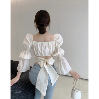 Áo croptop buộc eo cổ vuông tay bồng xinh xỉu kèm ảnh thật