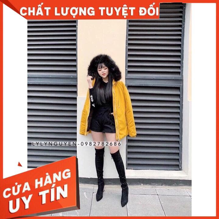 Aó Khoác Nữ Kaki Mũ Lông Hàng Quảng Châu, áo màu vàng bên trong có trần bông dày