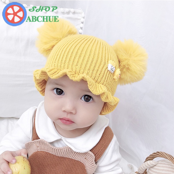 Mũ len cho bé phối bóng lông kèm lót mũ mềm mịn phong cách Hàn Quốc