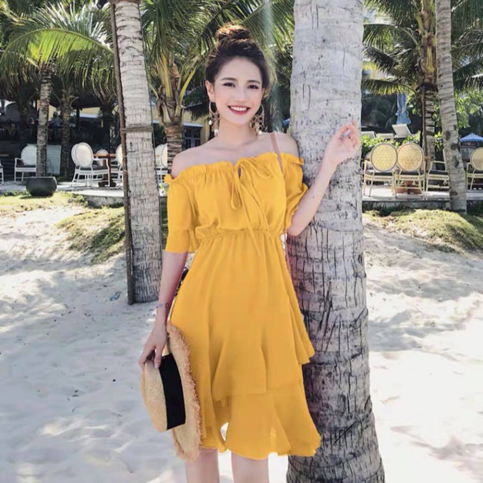 Đầm Nữ Vàng Trễ Vai Bèo (KÈM ẢNH THẬT) | BigBuy360 - bigbuy360.vn