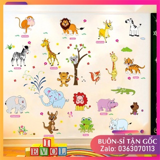 Combo 2 tranh dán tường cho bé, decal dán tường cho bé các con vật tiếng anh