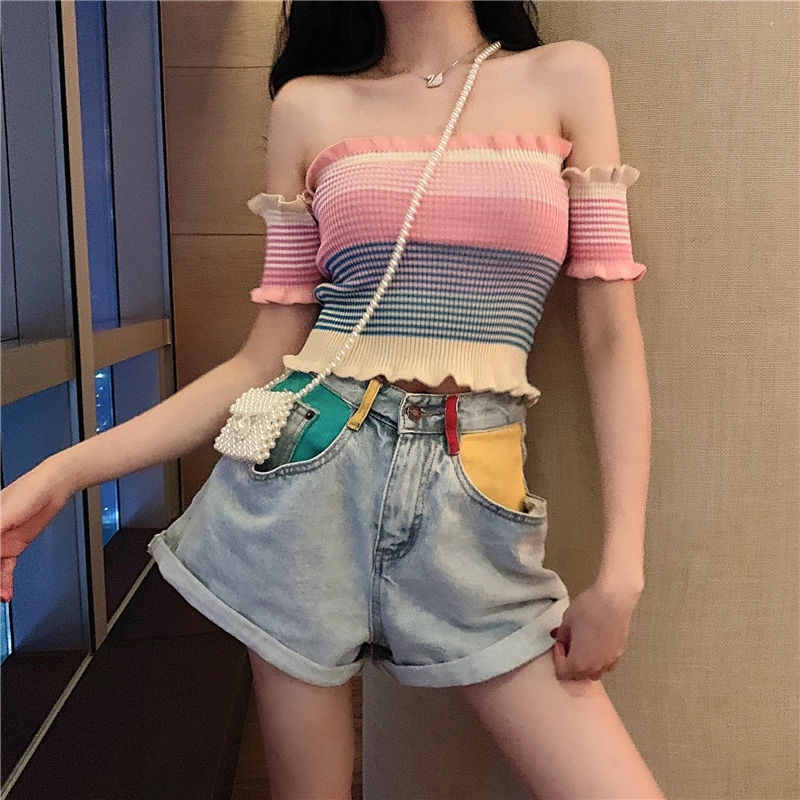 Áo thun COZOKC trễ vai tay ngắn họa tiết kẻ sọc màu tương phản phong cách Hàn Quốc cho nữ