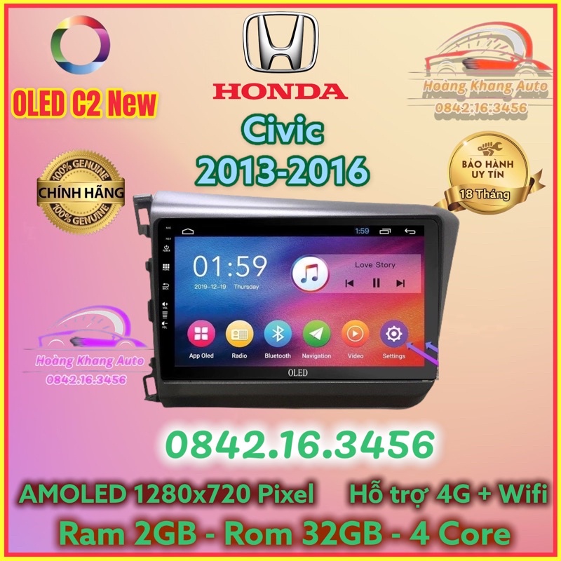 Màn hình Android OLED C2 New Theo Xe HONDA CIVIC 2013 - 2016, 9 inch kèm dưỡng canbus và jack nguồn zin theo xe