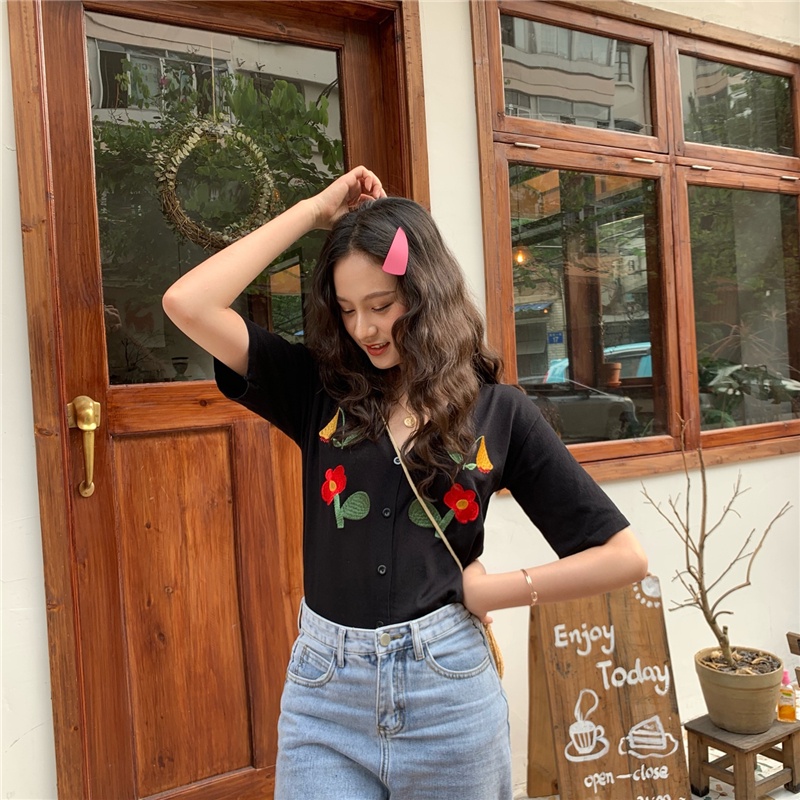 Áo cardigan ZHELIHANGFEI dệt kim tay ngắn cổ chữ V dáng rộng thêu hoa phong cách dân tộc thời trang hè cho nữ