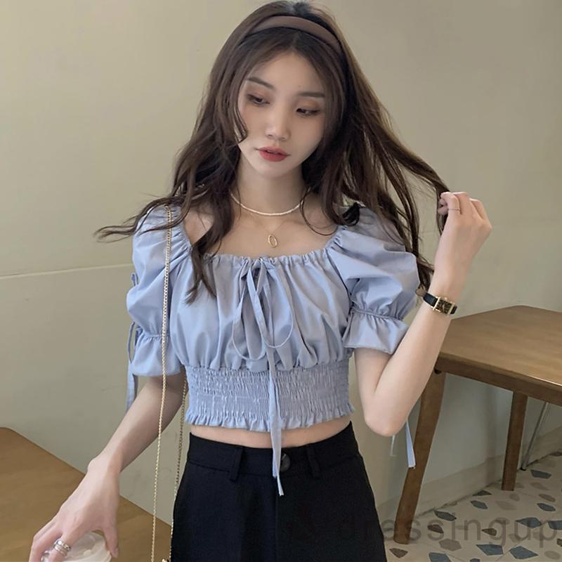 Áo Thun Tay Ngắn Phồng Ngắn Màu Trơn Có Dây Buộc Dành Cho Nữ