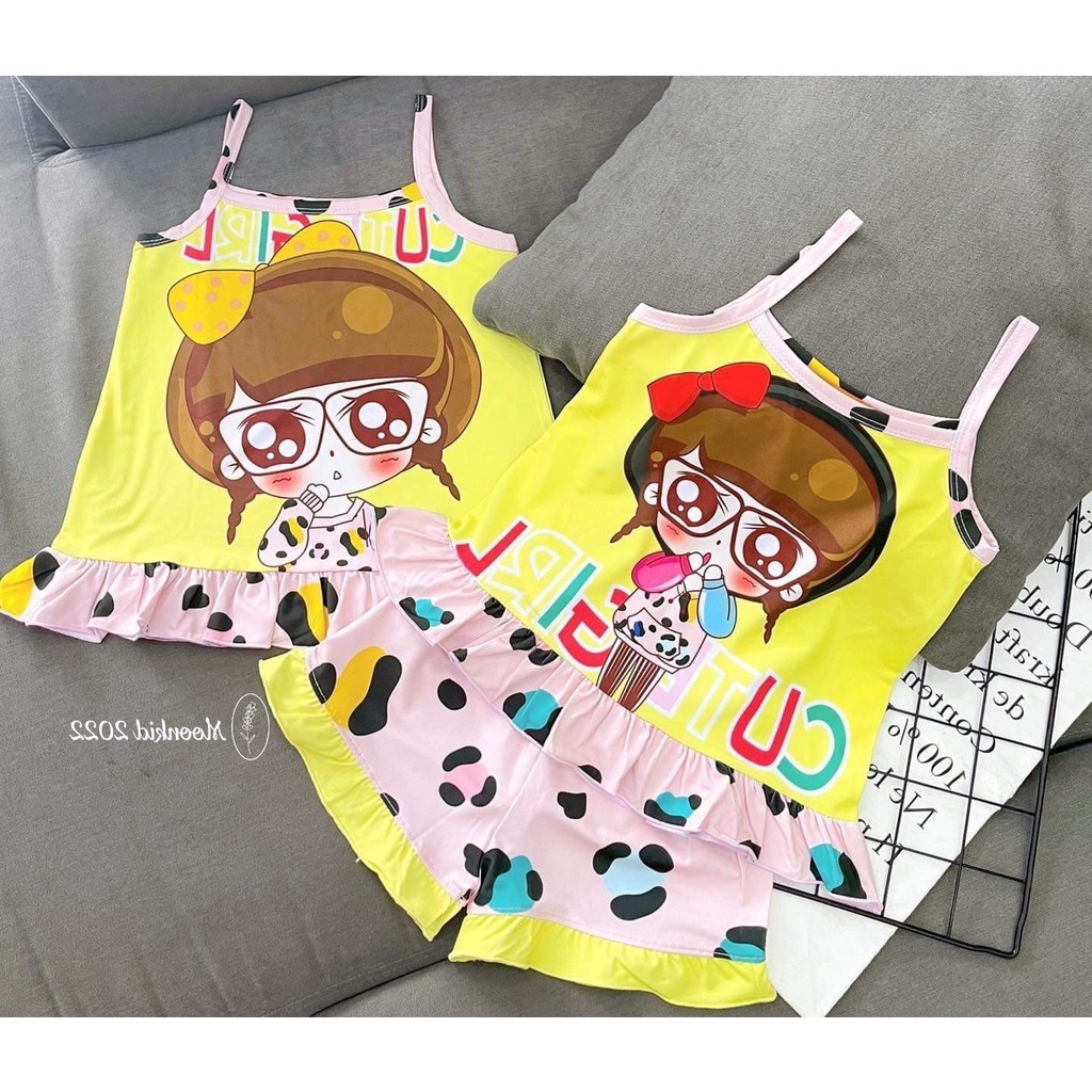 Bộ thun lạnh 2 bánh bèo dây in 3D công chúa, mèo kitty cho bé gái 8-20kg