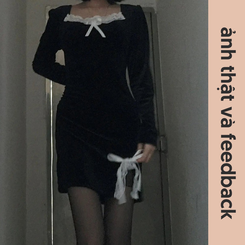 Váy Nhung Đen Huyền Bí Ôm Body Xẻ Tà/ Đầm Cổ Vuông Dài Tay Dáng Ngắn Cổ Điển Sexy V00082 | BigBuy360 - bigbuy360.vn