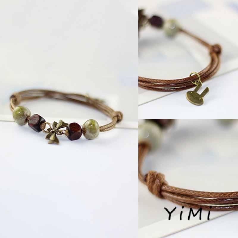 Vòng Tay Dây Bện Phối Hạt Gốm Phong Cách Dân Tộc