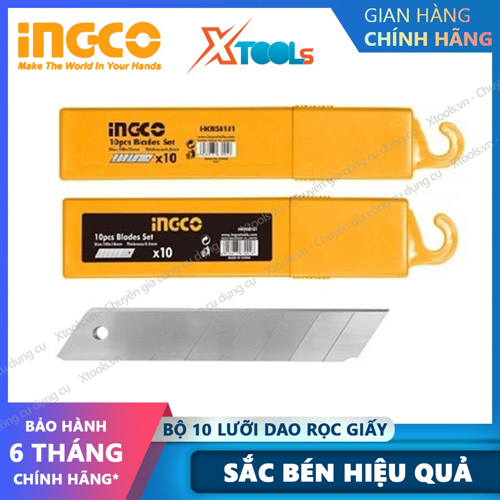 Bộ 10 lưỡi dao rọc giấy siêu bén INGCO HKNSB181 18x100mm bền chắc chống gãy cắt bìa caton decal giấy dán tường khắc gỗ