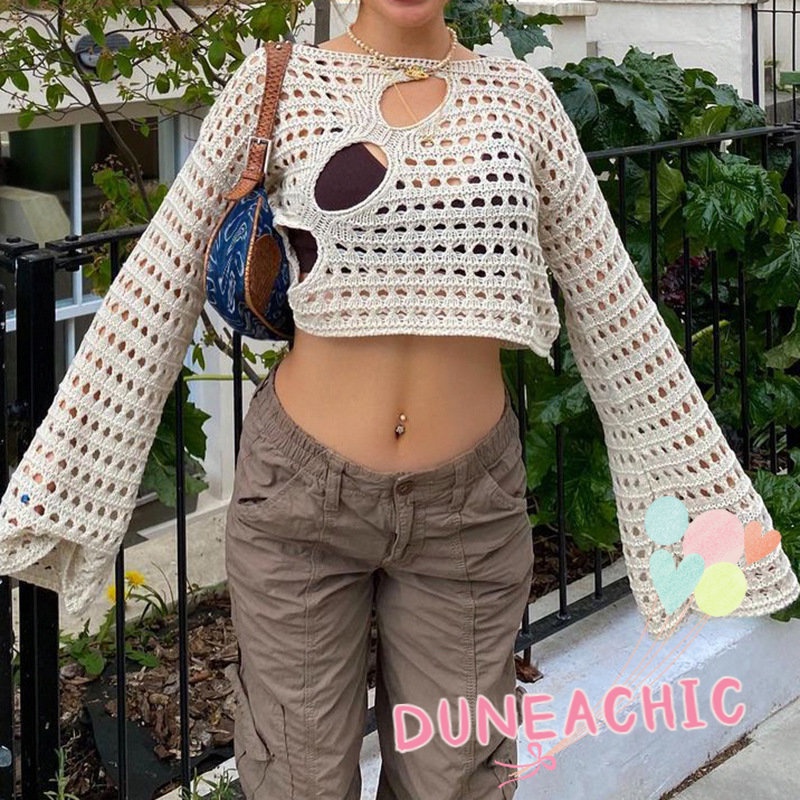 DUNEA Áo Dệt Kim Tay Dài Màu Trơn Phối Lưới Thời Trang Cho Nữ