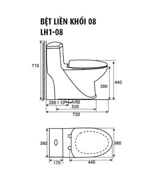 Bàn cầu liền khối VInaloha 08 sử dụng men chống dính,xả tiết kiệm nước 3lit/,6lit, xả đẩy lực mạnh và êm