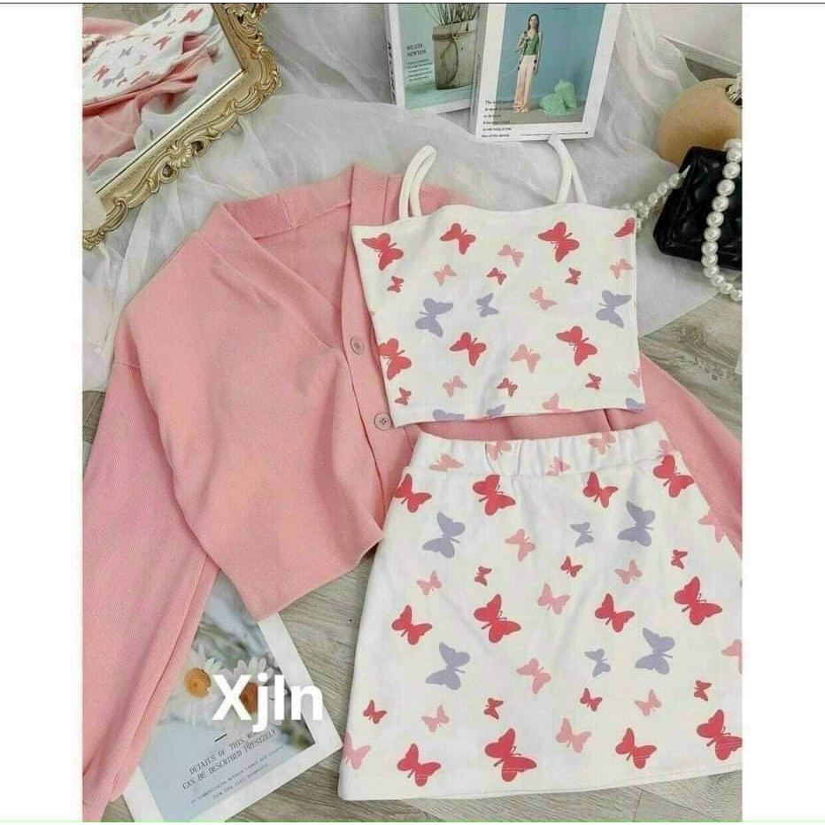 Set đồ nữ bộ 3 món áo 2 dây coptop + váy ngắn kèm áo khoác ngoài tay dài in bướm