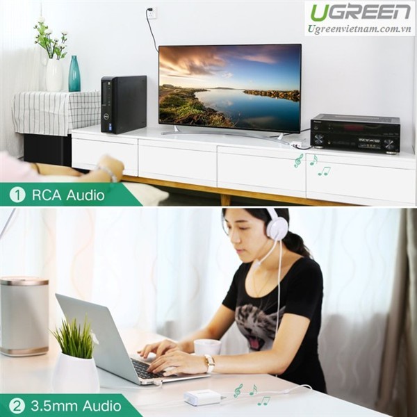 Card sound USB to RCA hỗ trợ Mic + tai nghe chính hãng Ugreen 30521 cao cấp