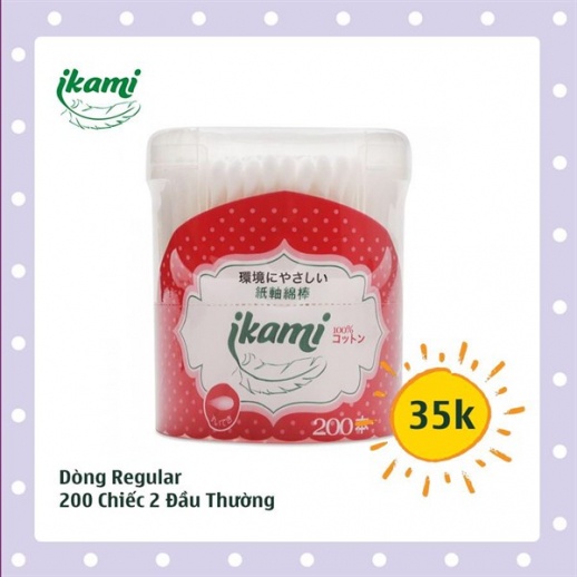 IKAMI - Tăm bông REGULAR hộp nắp bật 200 PCS - 2 đầu hình giọt nước ( màu đỏ )