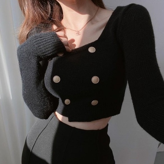 Áo croptop ZHELIHANGFEI dệt kim tay dài phối 2 hàng nút có 3 màu khác nhau cho nữ