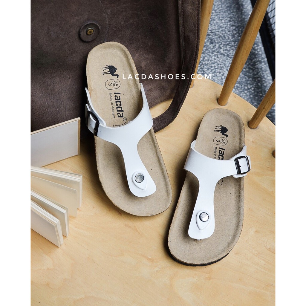 Slipper Birken đế trấu chữ T nam nữ -  da PU B01 màu đen - trắng